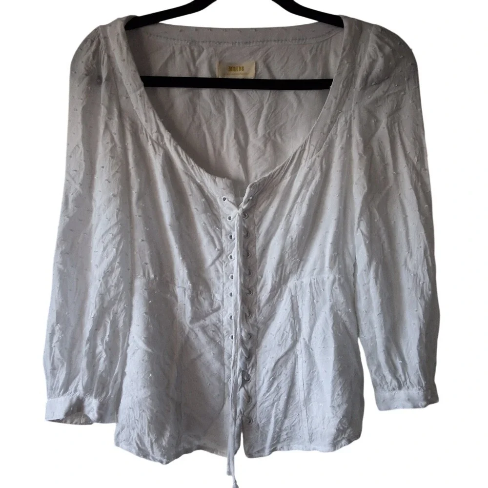 Anthropologie Maeve Sz 4 Lisette Lace-Up Blouse White Swiss Dot Cottage Coquette